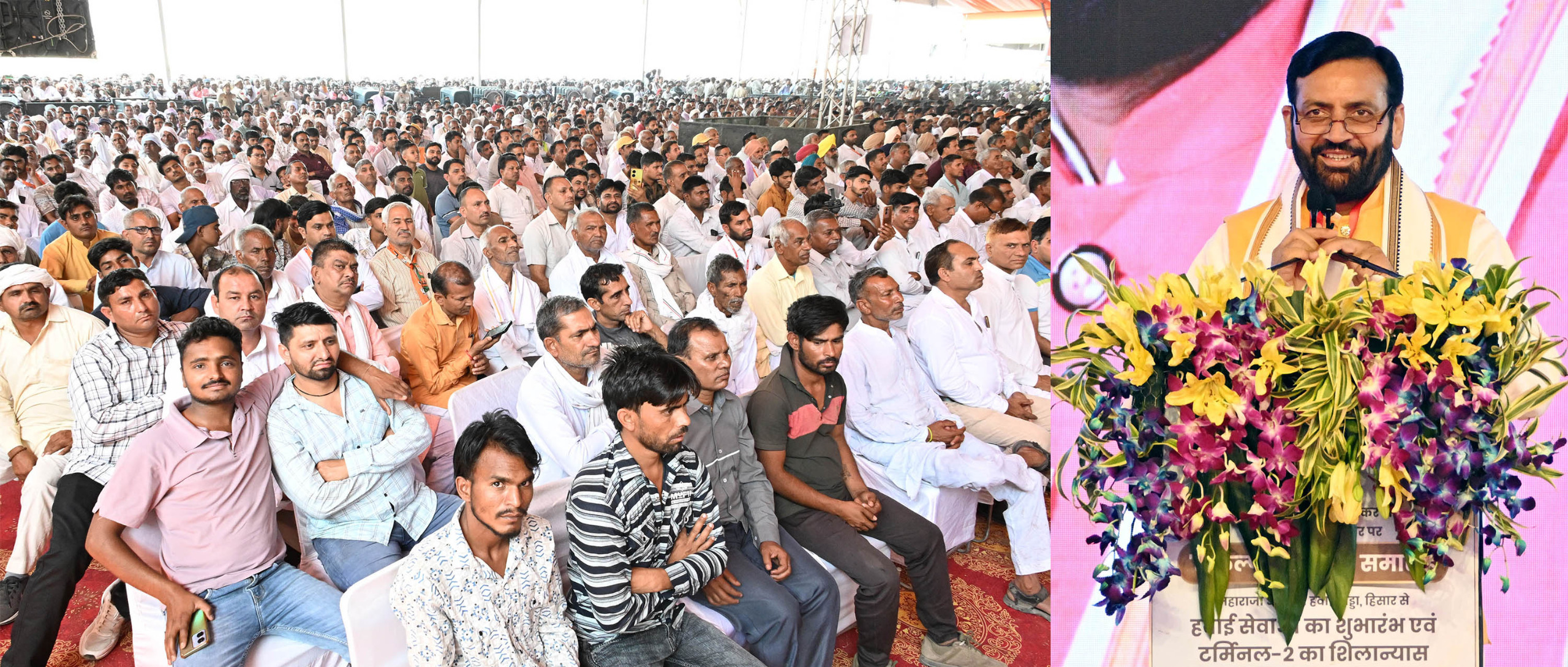 Haryana Chief Minister, Sh. Nayab Singh Saini addressing the gathering during the inauguration ceremony of air services from Maharaja Agrasen Airport and the foundation stone laying of Terminal-2 in Hisar on April 14, 2025.