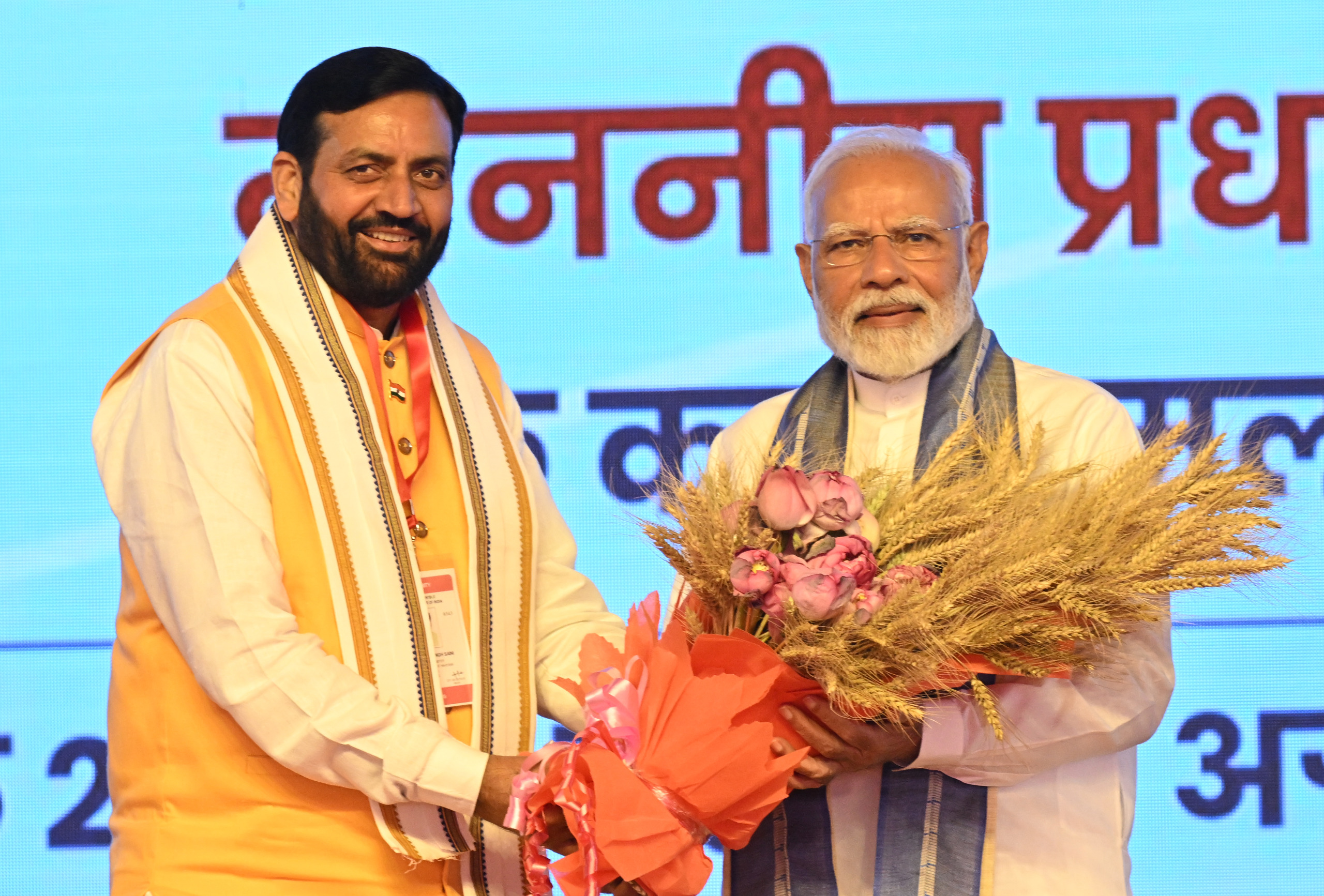 Haryana Chief Minister, Sh. Nayab Singh Saini welcoming Prime Minister, Sh. Narendra Modi on his arrival for the inauguration of Air Services from Maharaja Agrasen Airport and the foundation stone laying ceremony of Terminal-2, in Hisar on April 14, 2025.